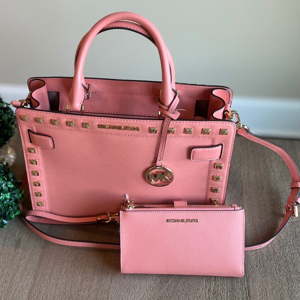 NWT Michael Kors studded rayne leather satchel PINK with matching Wallet